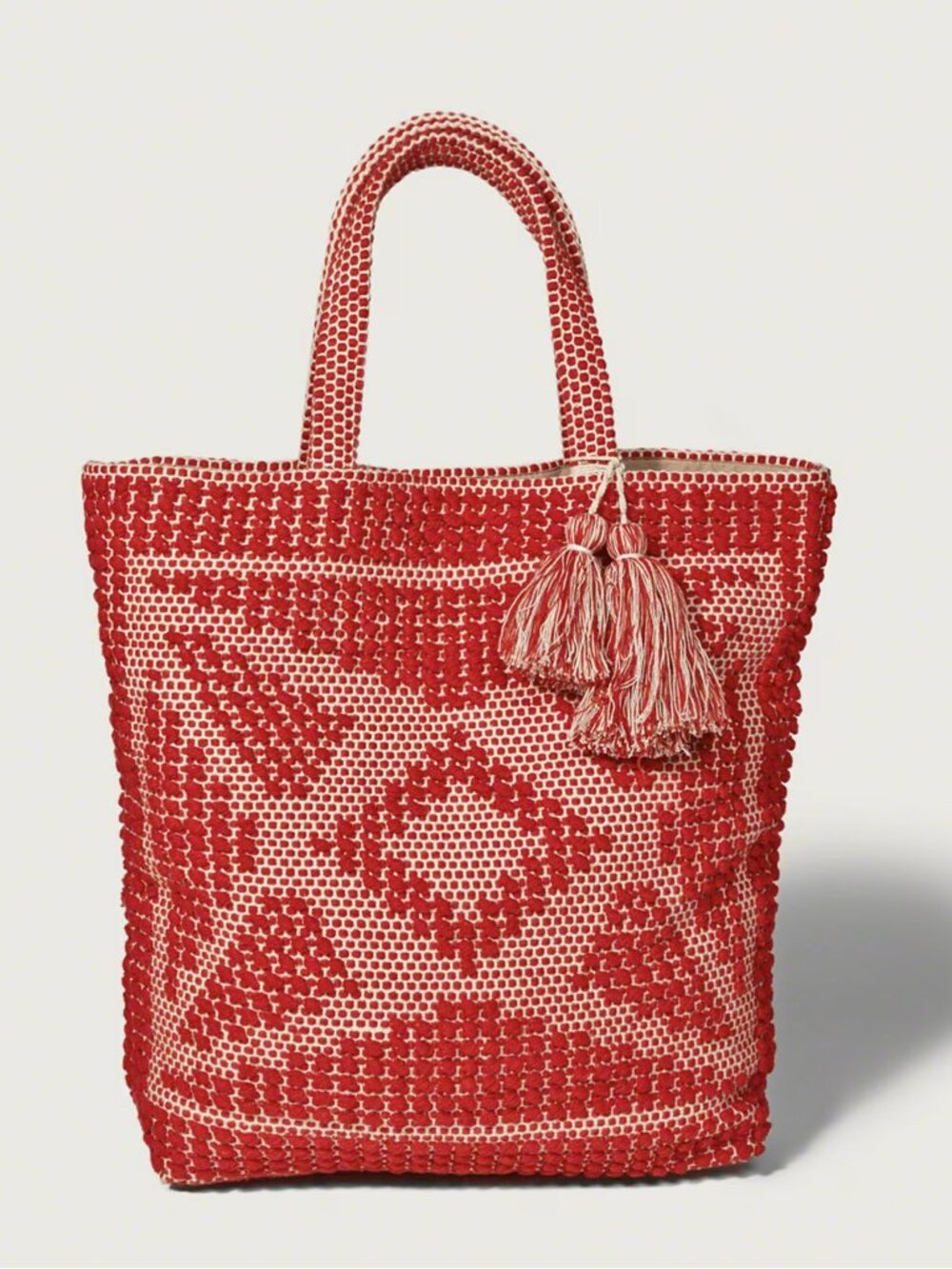 Abercrombie & Fitch Woven Tote Bag | Red & Cream Boho Carryall - JK0444